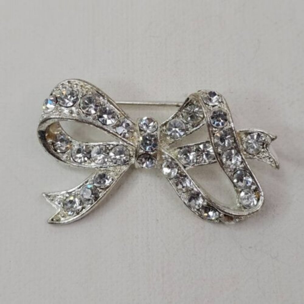 Silver Tone Bow Clear Rhinestone Brooch Unmarked Pin